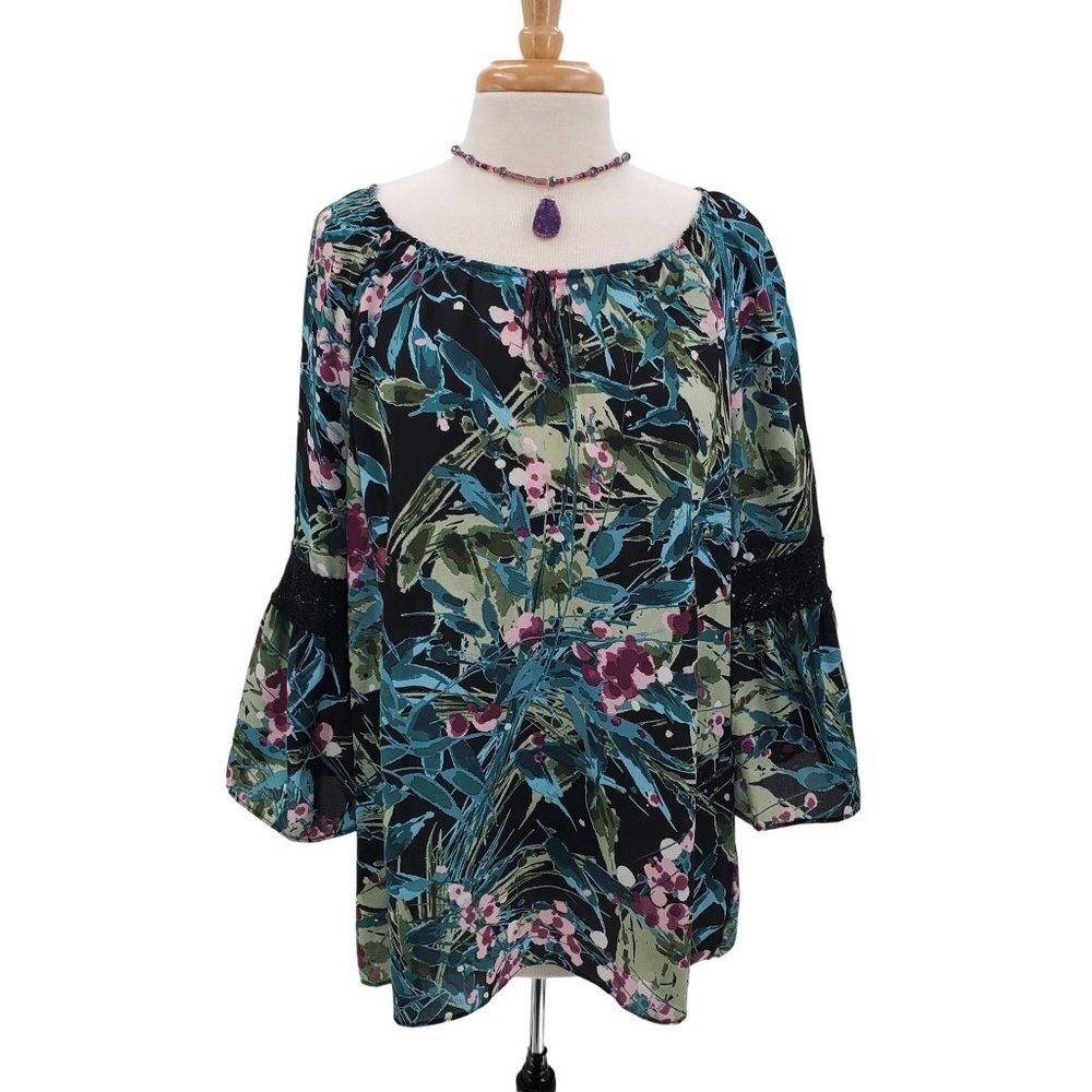 Zac & Rachel Womens 3/4 Sleeve Floral Tunic Top Blouse Size‎ L Bell Sleeves Boho